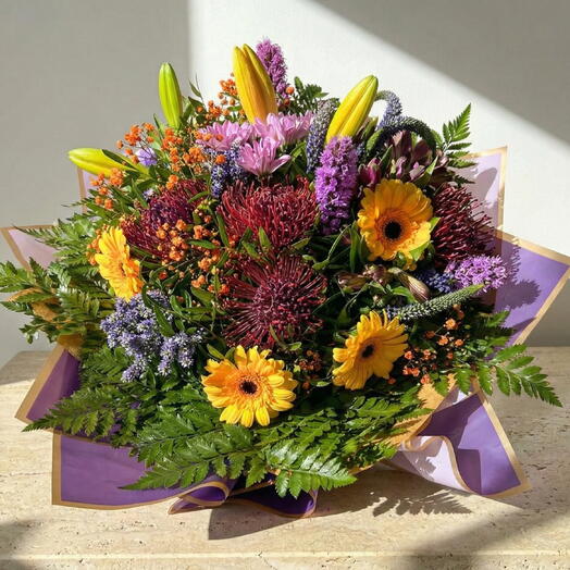 Violet Energy Bouquet – Multicolored Floral Bouquet with Gerberas, Lilies and Exotic Flowers