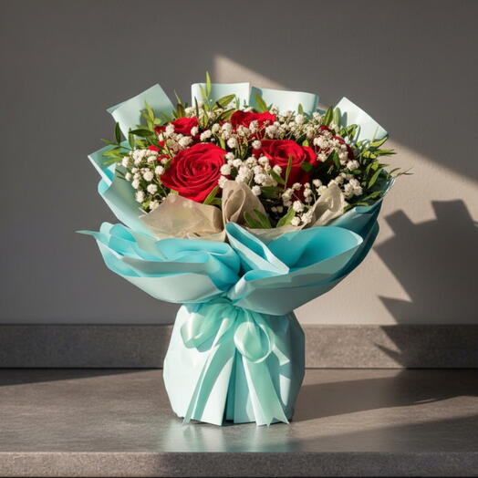 Ramo Cielo y Pasion con 7 Rosas Rojas – Bouquet Elegante en Azul y Verde