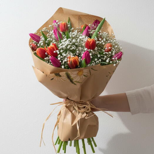 Тюльпаны Primavera с гипсофилой