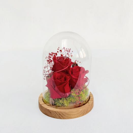 Three preserved red roses in the glass dome