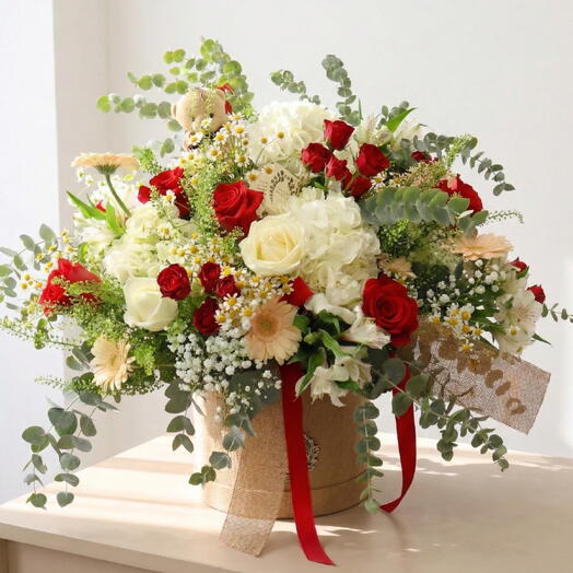 ROMINA – Sombrerera Floral con Rosas Rojas y Flores Blancas Elegantes
