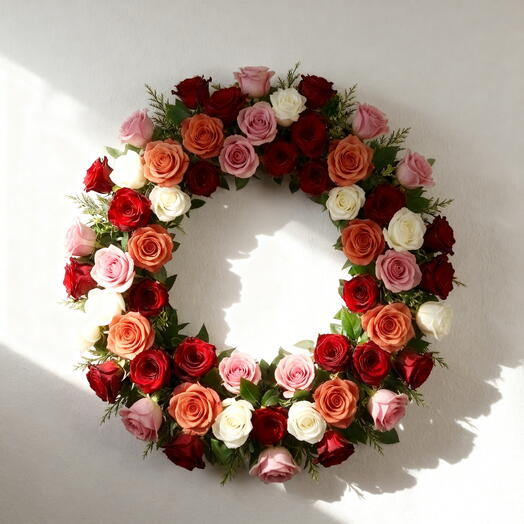 Corona Floral Canberra – Arreglo Premium de Rosas Multicolor para Homenaje y Decoracion Elegante