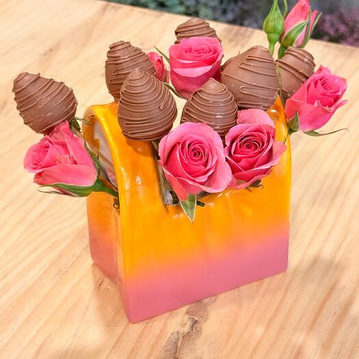 Milk Chocolate Covered Strawberries with Mini Pink Roses and Vase