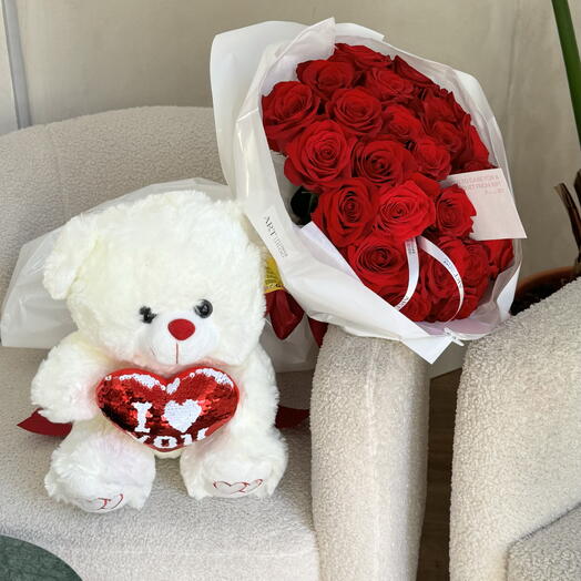 OSO DE PELUCHE CON 25 ROSAS ROJAS