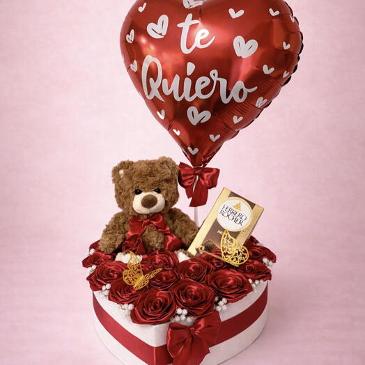 Caja corazon con rosas eternas,osito marron,chocolates y globo Te Quiero – regalo premium para mujer, cumpleanos, aniversario