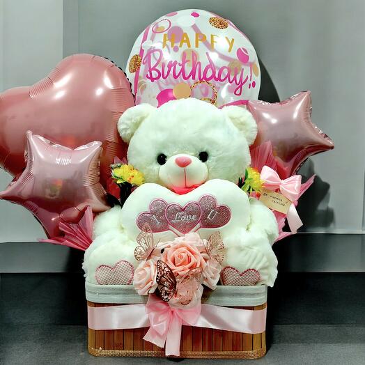 Arreglo Happy Birthday con Oso y Globos Personalizados
