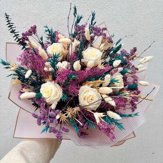 Romance Violeta - ramo grande de flores secas con rosas preservadas, de larga duración, amor, romántico, pensando en ti, regalo para las fiestas