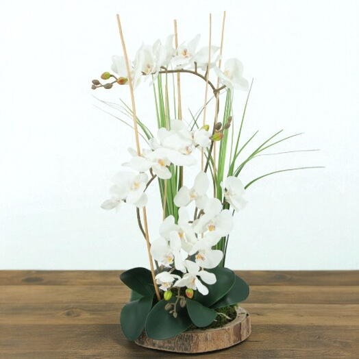 Композиція зі штучної орхідеї на дерев'яній основі