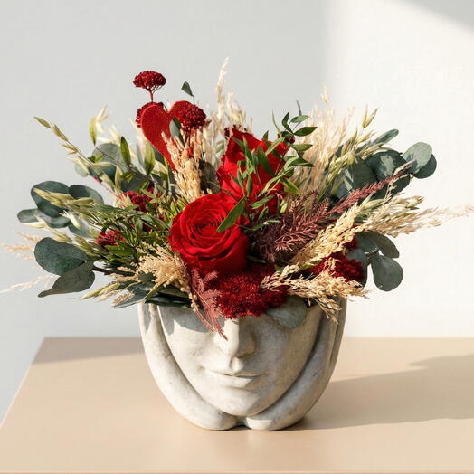 CABEZA – Centro Floral con Rosa Preservada en Busto de Cemento | Decoracion Floral Artistica