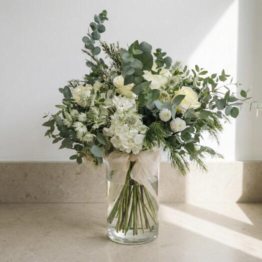 Ramo BLANCA – Bouquet Elegante de Flores Blancas y Verdes Naturales