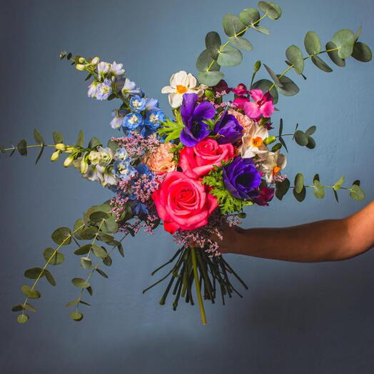 Colorful Wildflower Bouquet with Roses and Anemones