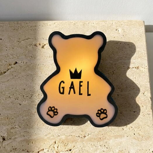 Mini Lampara de Osito Personalizable con Nombre – Luz LED Calida Infantil de Madera