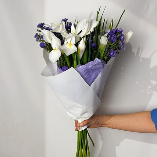 Ramo 15 Iris Blancos y Aster – Bouquet Elegante en Blanco y Violeta