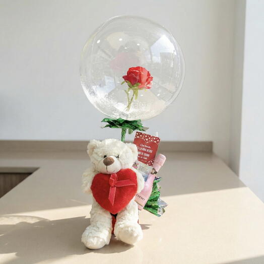 Bubble Bear romantico con rosa preservada y globo transparente – regalo de amor con peluche y cava mini