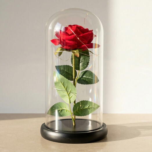 Rosa roja en cupula de cristal con luz LED – Flor eterna decorativa romantica