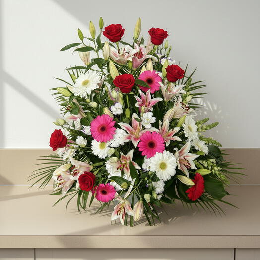 Arreglo Funebre Riga – Centro Floral Elegante para Funeral con Lirios y Rosas en Madrid