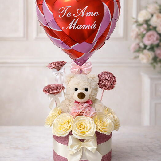 Coffret cadeau Fête des Mères avec un ourson, 11 roses et un ballon Je t'aime Maman – design premium
