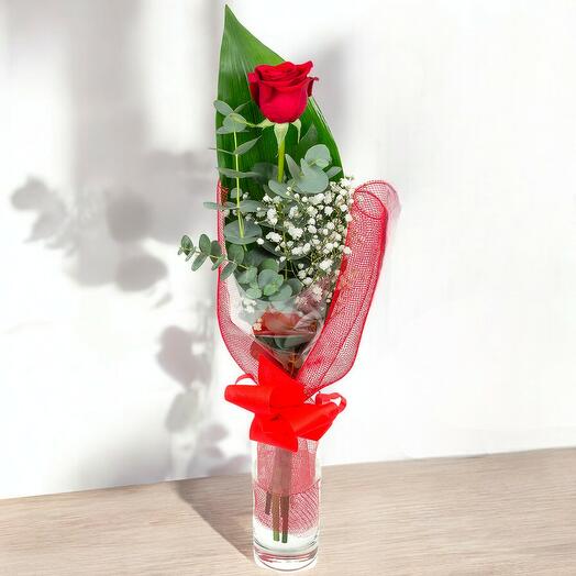 Rosa roja con jarron de cristal