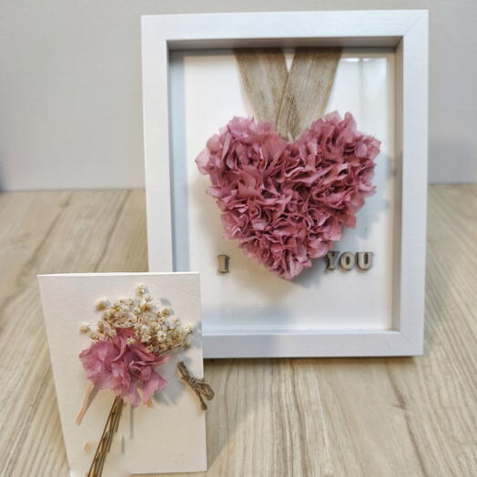 Cuadro corazon de hortensia preservada rosa – I Love You