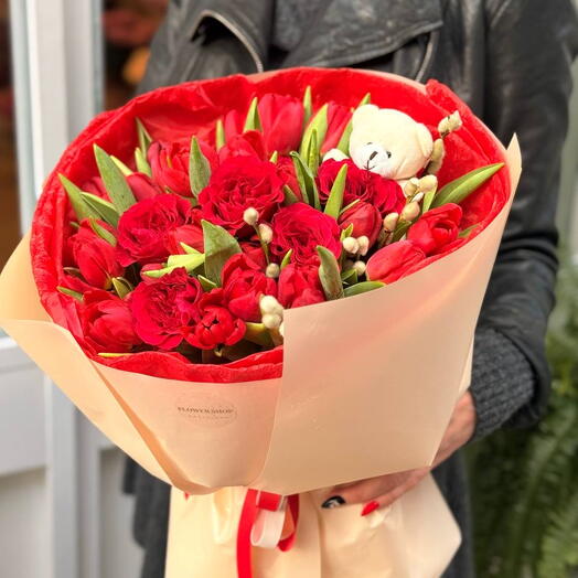 Tulipanes con peluche de lujo - Tulipanes   Rositas