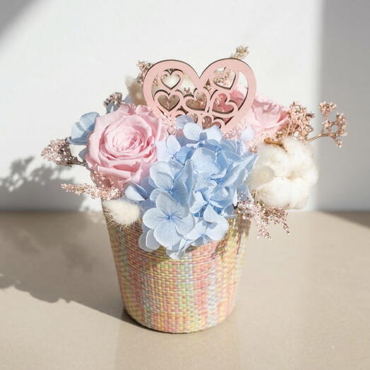 Centro de Mesa con Flores Preservadas en Tonos Pastel – Arreglo Floral Romantico y Duradero