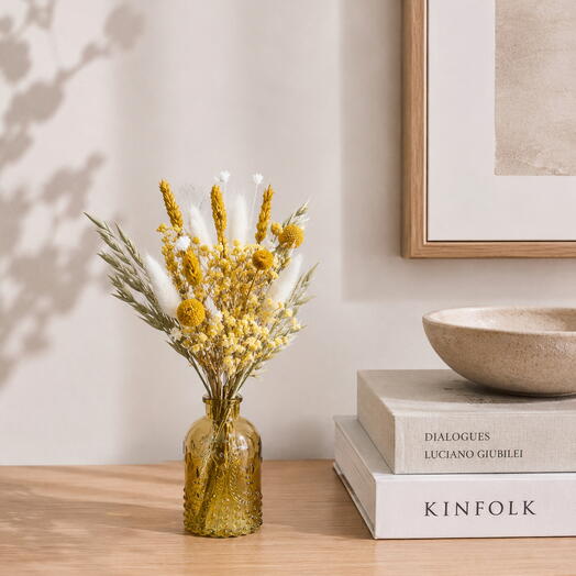 💛Mini arreglo de flores secas y preservadas con jarrón de cristal