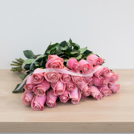 Ramo de 25 Rosas Rosas con Cinta — Elegancia y Ternura