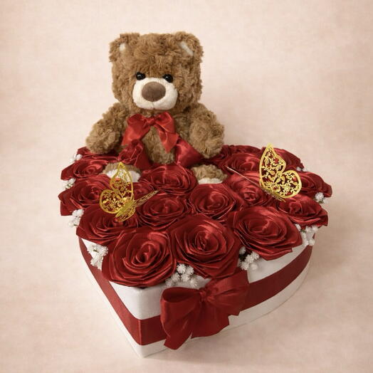 Caja amor con 20 rosas eternas en forma de corazon con osito marron – regalo premium para mujer, mama, cumpleanos, aniversario