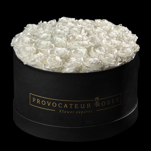 Caja redonda 30cm  de rosas preservadas blanco perla
