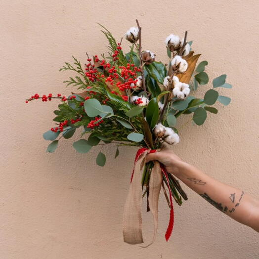 Bouquet of Cotton and Red Berries Winter Charm