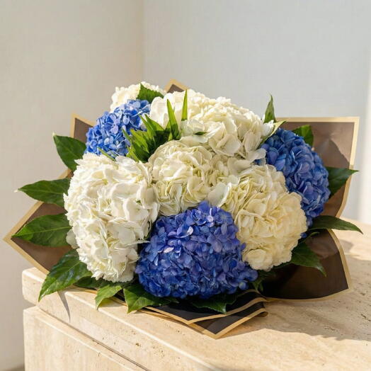 Blue Sphere Bouquet of Natural White and Blue Hydrangeas