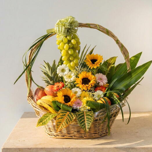 Sun and Abundance Basket with Natural Flowers and Fresh Fruit – Original and Cheerful Gift