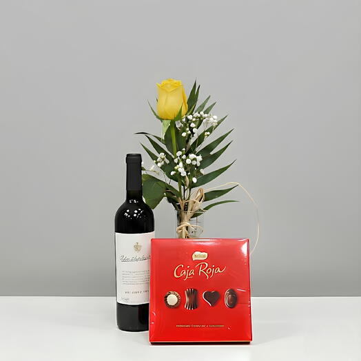 Pack Floricienta 3: Rosa amarilla + Vino Tinto + Bombones