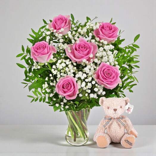Pink Roses with Teddy Bear
