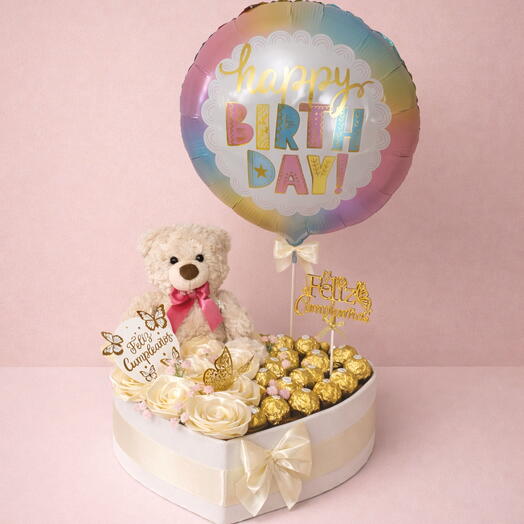 Regalo unico de cumpleanos con rosas eternas, Ferrero Rocher, globo y osito de peluche