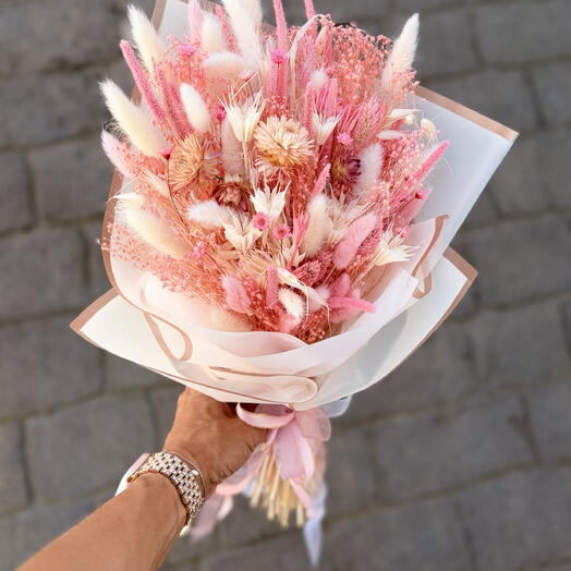 Algodón de azúcar - ramo pequeño de flores secas y preservadas en rosa dulce y blanco - no necesita agua ni luz