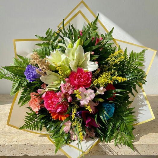 Joy of the Day Bouquet – Multicolor Floral Bouquet with Lilies, Alstroemerias and Dyed Roses