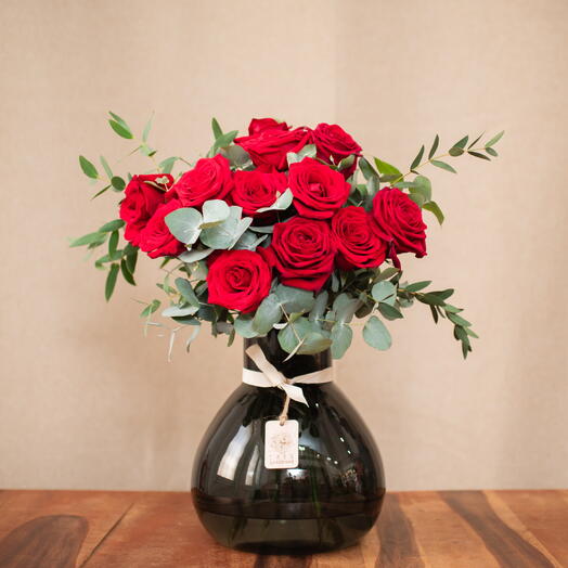 12 Red Roses with Smoky Green Vase