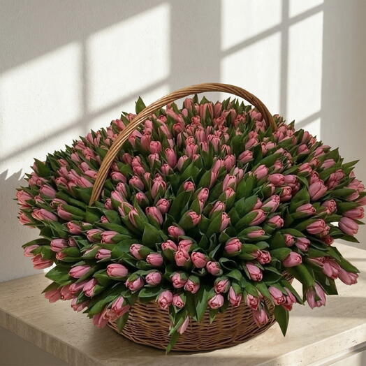 Cesta gigante de 350 tulipanes rosados – Arreglo floral premium para Dia de la Madre y Mujer