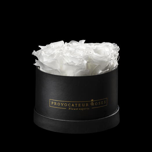 Caja redonda 16cm  de rosas preservas blanca