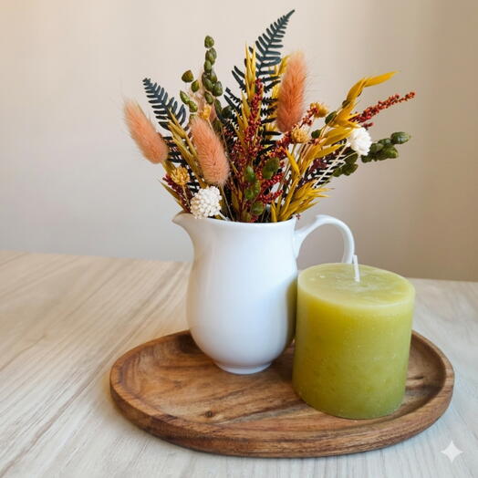 Regalo con flores secas y vela en tonos ocres